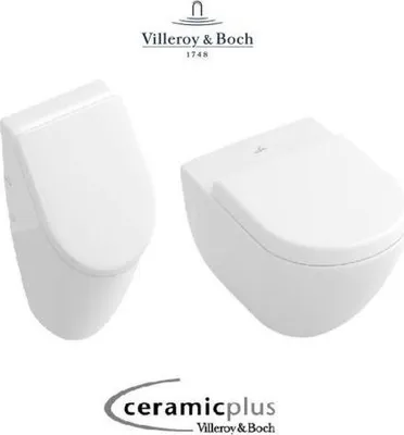 Produktbild von Villeroy & Boch Subway Urinal mit Wand WC 2.0 spülrandlos CeramicPlus & QuickRelease SoftClose WC-Sitz, weiß alpin