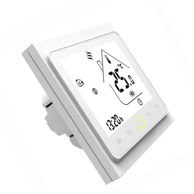 A white smart thermostat is shown from a diagonal angle against a white background.
