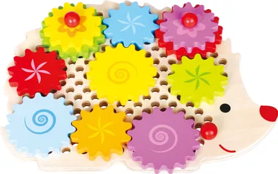 Produktbild von Lelin Logik-Steckspiel Igel mit Zahnrädern – Holz-Lernspielzeug 11 Teile (29×22 cm, 5 große + 6 kleine bunte Zahnräder, 3 Drehgriffe) – Feinmotorik & Mechanik, ab 3 Jahren, CE & EN-71