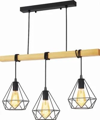 Image de suspension à 3 flammes - Bois et métal avec abat-jour cage noir - Style rétro nordique - Douille E27