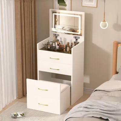 Produktbild von AIORBER 3-in-1 Schminktisch mit aufklappbarem Spiegel, moderner Kosmetiktisch mit Glasplatte & 3 Schubladen, kompakter Frisiertisch inkl. Hocker für Schlafzimmer, Weiß