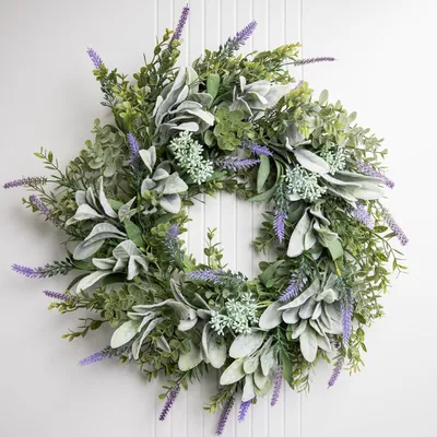 Productafbeelding van Lente zomer kransen voor de voordeur - Lamb's ear krans met lavendelbloemen en eucalyptusbladeren
