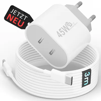 Produktbild von 45W USB-C Schnellladegerät Charger mit GaN-Technologie für Handy, iPhone, Samsung S21-S25, Tablet, iPad Dual Port PD - Ladegerät + 3m Kabel