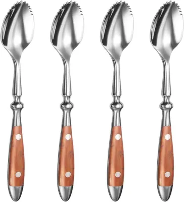 Produktbild von 4 gezackte Grapefruitlöffel aus Edelstahl 18/8 mit Holzgriff, Obst- und Kiwilöffel