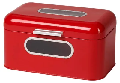 Produktbild von Brotbox im Retro-Design aus Metall mit Sichtfenster, platzsparende Aufbewahrung, Brotkorb mit Deckel, rot, 30 x 20 x 16,5 cm