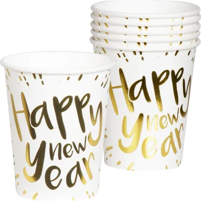 Produktbild von 10 Happy New Year Pappbecher weiß gold 21 cl - Einheitsgröße