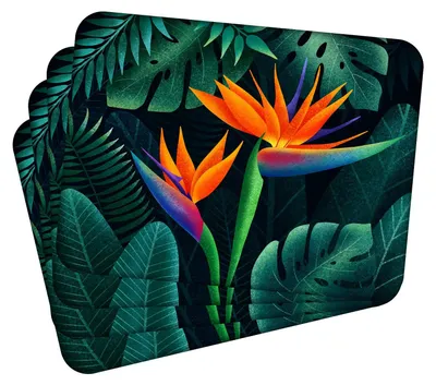 Obrázok produktu pre Sada 4 podtáciek z korku – Tropical Flowers 1 – 30 x 40 cm – odolné voči teplu a ľahko umývateľné, s korkovou zadnou stranou