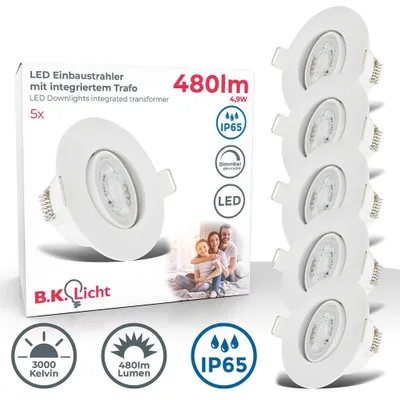 Immagine prodotto di B.K.Licht - Set di 5 faretti LED da incasso 230V, faretto LED orientabile per bagno IP65, faretto da soffitto dimmerabile all'infinito, spot LED, spot da soffitto, lampada da bagno, bianco, 90x42 mm (DxH)