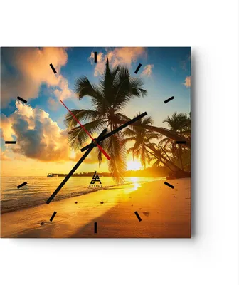 Produktbild von Wanduhr - Quadrat - Glasuhr - Meer Strand Palme - 40x40cm - Schleichendes Uhrwerk - Lautlos - zum Aufhängen bereit - Dekoration Modern - Wanddekoration aus Glas - C3AC40x40-3922