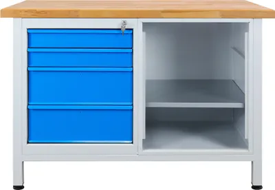 Produktbild von Werkbank Rhino mit 4 Schubladen + Regalteil | HxBxT 84x120x60cm | Traglast 300kg | Lichtgrau/Lichtblau