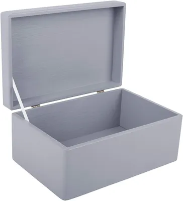 An open, empty, gray wooden box with its lid propped open.