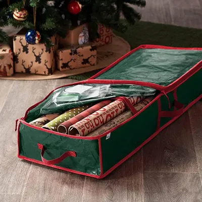 Image de Sac de rangement étanche à la poussière 103x36x15 cm pour décorations de Noël et papier cadeau en tissu Oxford avec fermeture éclair - WRAPINGPRO