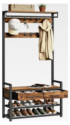 Produktbild von Garderobenständer mit Schuhbank, Garderobe, Schuhaufbewahrung, 2 Stoffschubladen, 10 Haken, 6 seitliche Haken, 30 x 80,4 x 181,6 cm, vintagebraun-tintenschwarz
