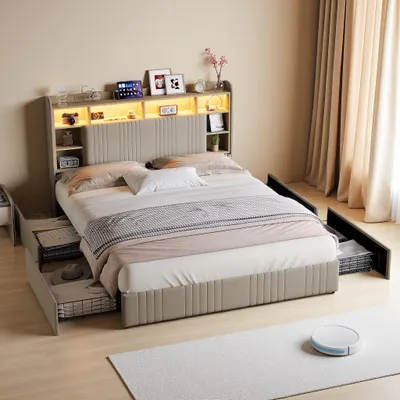 Immagine prodotto di Letto imbottito ProximaX 140x200 cm in tessuto di lino beige con 4 cassetti, illuminazione LED RGB e stazione di ricarica (USB/USB-C/prese di corrente)