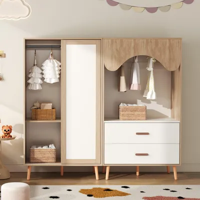 Productafbeelding van Kledingkast voor kinderen met schuifdeur, open vakken, lades en een kledingroede, wit en met een natuurlijke houtlook, 160 x 46 x 141,5 cm
