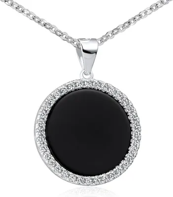 Produktbild von MATERIA Onyx Anhänger rund schwarz - 925 Silber Kettenanhänger Damen rhodiniert mit Zirkonia und Kette