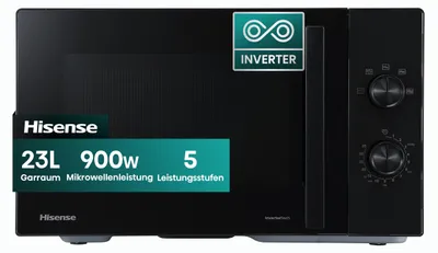 Obrázek produktu pro Mikrovlnná trouba Hisense o objemu 23 litrů s invertorovým motorem, výkon 900 W, 5 úrovní výkonu