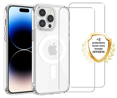Produktbild von Stoßfeste Schutzhülle für iPhone 15 Pro, kompatibel mit MagSafe, transparent + 2 Displayschutzfolien - EVETANE