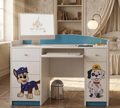 Obrázok produktu pre Happy Babies počítačový stôl s výsuvom na klávesnicu, kancelársky stôl s výsuvom na klávesnicu, 5 zásuviek, 1 polica, 125x89x60, motívy, nálepky na výber, deti