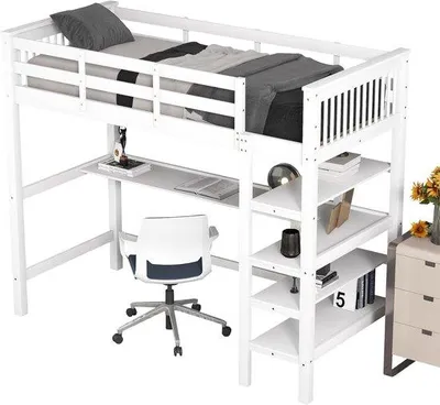 Produktbild von Famanu Hochbett mit Schreibtisch - Platzsparendes Schlafen - Integrierter Schreibtisch und Regale - 90x200 cm - Weiß