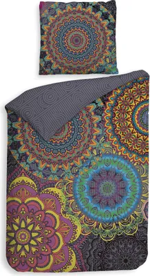 A bedding set with a pillow and duvet cover featuring a colorful mandala pattern on a gray background.
