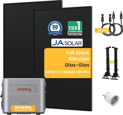 Produktbild von Balkonkraftwerk mit Speicher 2048Wh mit Halterung, Jackery Navi 2000 mit Jasolar 880W Full Black Bifaziale Solarmodule