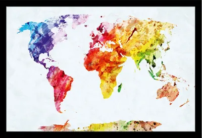 Image de Cartes géographiques - Poster - Carte du monde aquarelle + cadre interchangeable, Shinsuke® Maxi MDF noir, vitre acrylique