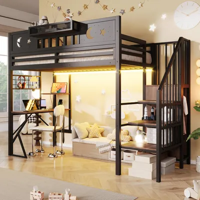 Image de Lit superposé Merax, 90x200 cm, avec bureau, éclairage LED, port USB, panneau perforé, lit pour enfant en métal, lit superposé, lit pour adolescent, noir