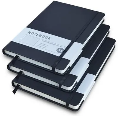 Produktbild von Notizbuch A5, 3 Stück Schwarz Hardcover Journal Notizbücher, Notizbuch Liniert a5 mit 200 Seiten, Kunstlederbezug Notizbuchs mit Elastischem Verschlussband für Schule, Büro, Schreiben