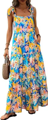 Produktbild von Sommerkleid 2024 mit Blumenmuster, ärmelloses Maxikleid für den Strand, lässig mit Spaghettiträgern und Stufenrock