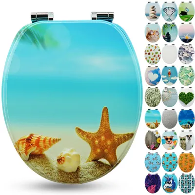 Zdjęcie produktu dla Deska sedesowa Sanfino® Premium „Seastar Beach” – wysokiej jakości drewniana deska sedesowa z mechanizmem cichego opuszczania, zapewniająca wysoki komfort użytkowania i łatwy montaż