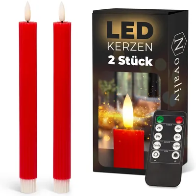 Produktbild von Stabkerzen LED mit Timer ROT 2er indoor mit 6 Stunden Timer - ECHTWACHS gerippt 23cm Höhe für Kerzen 2,2cm Durchmesser 2 AAA Batterien notwendig LED Stabkerzen flackernde Flamme bewegliche Flamme
