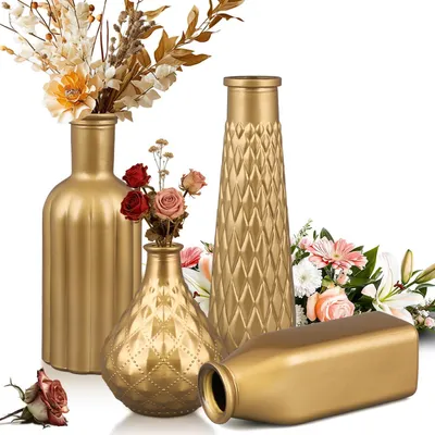 Image de Lot de 6 vases en verre, pour fleurs, couleur or, hauteurs : 22, 20, 16, 13 cm, décoration de table