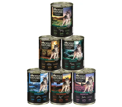 Produktbild von Dehner Wild Nature Hundefutter Probier-Set, Nassfutter getreidefrei / zuckerfrei, für ausgewachsene Hunde, Ente / Pferd / Wild / Kaninchen, 6 x 400 g Dose (2.4 kg)