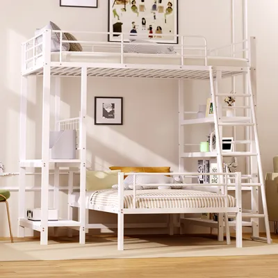 A white metal loft bed with shelves and a ladder, set up in a room.