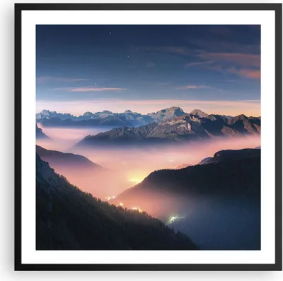 Produktbild von Gerahmtes Poster - Schwarzer Rahmen - Berge Wolken Nebel - 60x60 cm - Wand Bild - Wanddeko - Wandbilder - Kunstposter - Wandposter - Bilderrahmen - Bilder - Kunstdruck - P2BAC60x60-5004