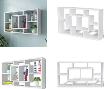 Collage of images showing a white wall shelf with multiple compartments, displayed on a light blue wall and on a white background.
