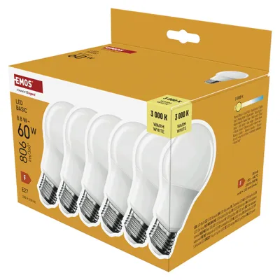 Productafbeelding van EMOS LED-lamp BASIC A60, 6 stuks, fitting E27, warm wit licht, 806 lm, 8,8W (vervangt een 60W gloeilamp), levensduur 20.000 uur, ZL5F47.6