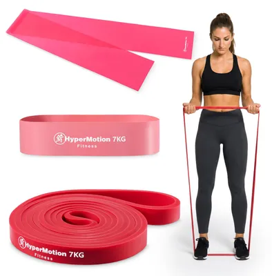 Image de Ensemble de bandes de résistance HyperMotion comprenant 3 bandes d'entraînement en latex, avec une résistance allant jusqu'à 7 kg. L'ensemble comprend : une bande de puissance de 208 cm, une mini-bande de 50 cm et une bande plate de 150 cm, le tout dans un sac de rangement