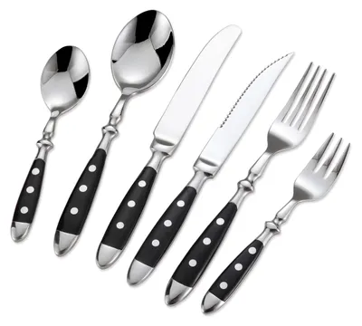 Produktbild von Bestekset 6-teilig aus Edelstahl 18/0, gesmede Lepels mit schwarzen Kunststoffgriffen, rustikales Besteck Set, spülmaschinenfest, Messer 22 cm, Menulepel 19,5 cm