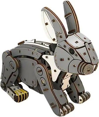 Obrázek produktu pro Dřevěný králík - Mechanický model - Do-it-sám Build - vítrný jarní mechanismus - 21.7 x 17.4 x 10.4 cm - bílé