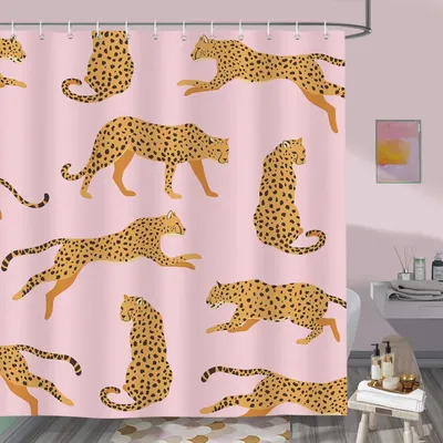Obrázek produktu pro Sprchový závěs proti plísním, 1 kus, voděodolný polyester s leopardím vzorem na růžovém pozadí, do koupelny, sprchy a na dělicí stěnu místnosti