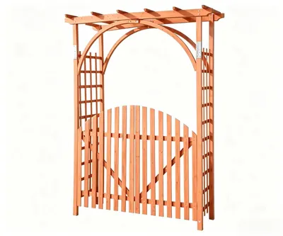 Obrázok produktu pre Rámová brána COSTWAY s dverami, 161 x 60 x 215,5 cm, záhradná brána z borovicového dreva, kvetinový oblúk s baldachýnom a mriežkou na popínavé rastliny, brána do záhrady, farba: oranžová