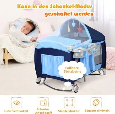 Image de Lit bébé pliable 4 en 1 avec parc et auvent, bleu