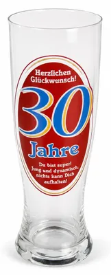 Bierglas zum 30. Geburtstag – hohes Glas mit Aufdruck