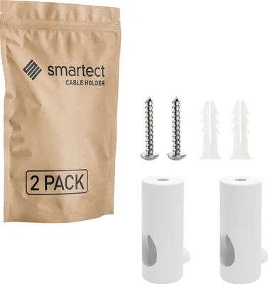 A product shot of a 2-pack of cable holders, including screws and wall plugs, presented in a brown paper bag.