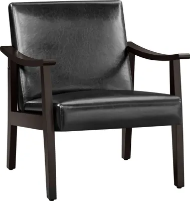 A black upholstered armchair with dark wood frame is shown against a white background.
