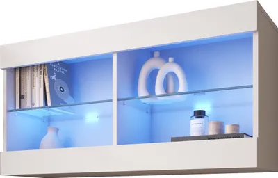 Produktbild von Komodee, Hängende Vitrine Schrank Tivoli, Weiß/Weiß, Breite 100cm x Höhe 50cm x Tiefe 29cm, LED Blau, 2 Regalböden, für Wohnzimmer, Schlafzimmer, Eingang