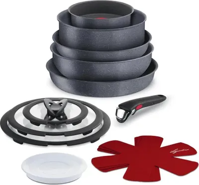 A set of cookware and accessories arranged on a white background.