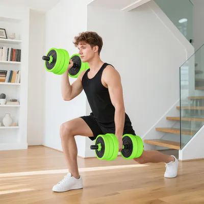 Produktbild von Hantelset 4-in-1 verstellbar 20 kg, Kurzhantel Langhantel Kettlebell Liegestützgriffe, Kunststoff Grün | 95 x 20 x 20 cm | Schaumstoffgriff rutschfest